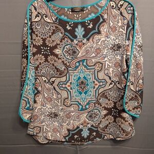 Renee C. Brown & Turquoise Paisley Tunic with Contrast Trim